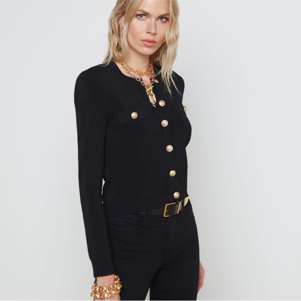 L'agence Toulouse Crop Black Cardigan Sweater Top Shirt Gold Buttons M - Picture 3 of 8